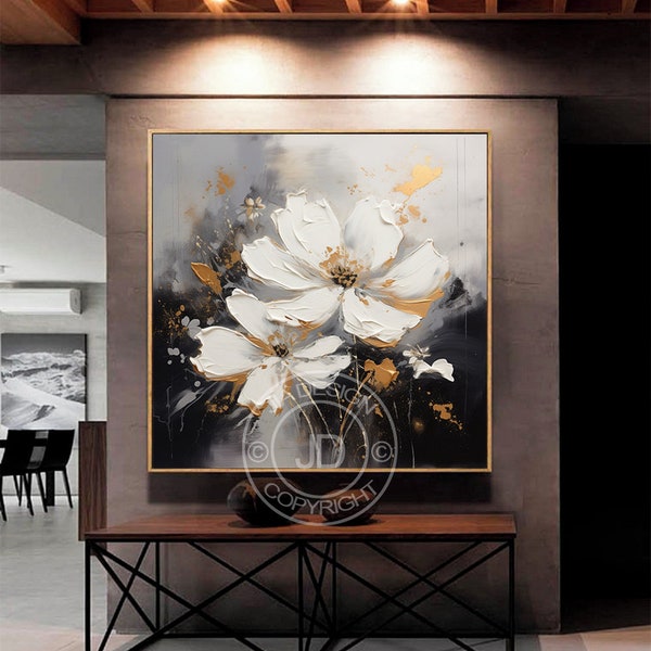 Printable white flowers, silver and gold leaves, modern art, gold painting of white flowers on black background, traditional oil paintings