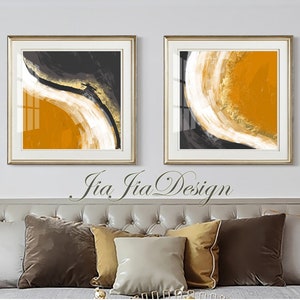 2 Pieces oil painting, Brush effect, Orange Black White with gold foil effect, High Quality Wall art printable,Luxury decor, trending design