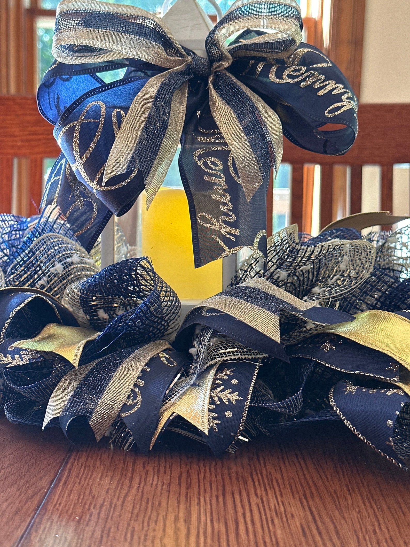 Blue and Gold Christmas Centerpiece. Christmas Candle Ring. Blue and