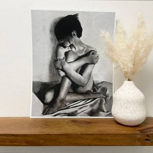 Charcoal Figure Drawing - Fine Art Print -  Black and White - Moody