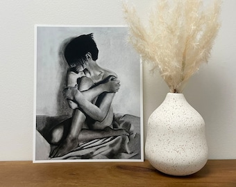 Charcoal Figure Drawing - Fine Art Print -  Black and White - Moody