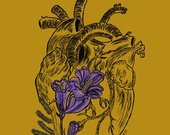 May include: A black and white anatomical heart illustration with a purple flower growing from it. The flower has a long stem and leaves. The artist's signature, "VALERIE YEO", is in the lower right corner.