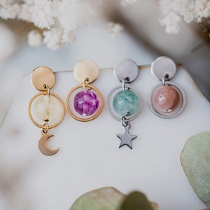 Mix & Match: hanging gemstone planet stud earrings - SINGLE SELECTION - made of stainless steel (silver or gold) with desired crystal/birthstone