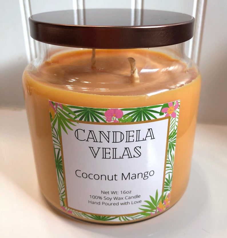 Coconut Mango Scented Candle Soy Candle Hand Made Candle Tropical Scented Candle Mango Candle