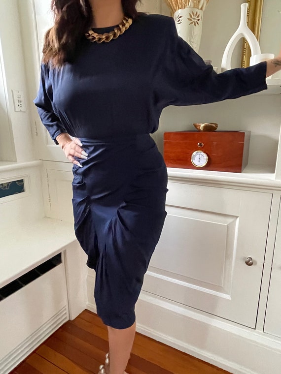 Vintage navy blue dress dolman “batwing” sleeved … - image 1