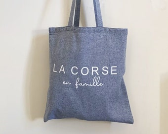 Personalized cotton tote bag shopping bag La Corse en famille chambray blue