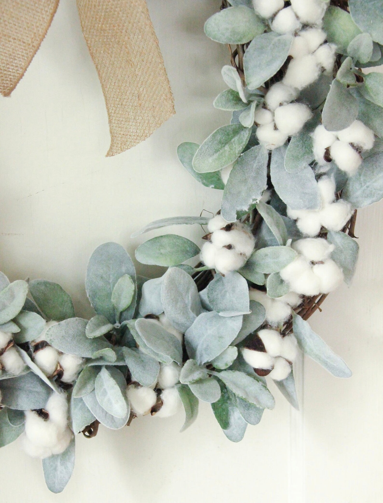 Cotton Wreath, Lambs Ear Wreath, Farmhouse Wreath, Year Round Wreath ...