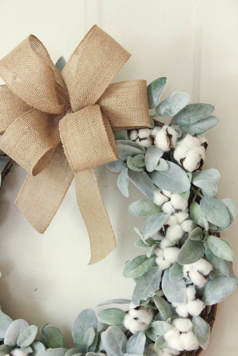 Cotton Wreath, Lambs Ear Wreath, Farmhouse Wreath, Year Round Wreath ...
