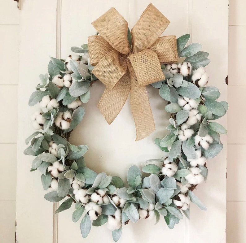 Cotton Wreath, Lambs Ear Wreath, Farmhouse Wreath, Year Round Wreath ...