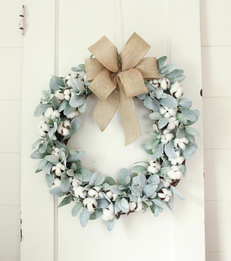 Cotton Wreath, Lambs Ear Wreath, Farmhouse Wreath, Year Round Wreath ...