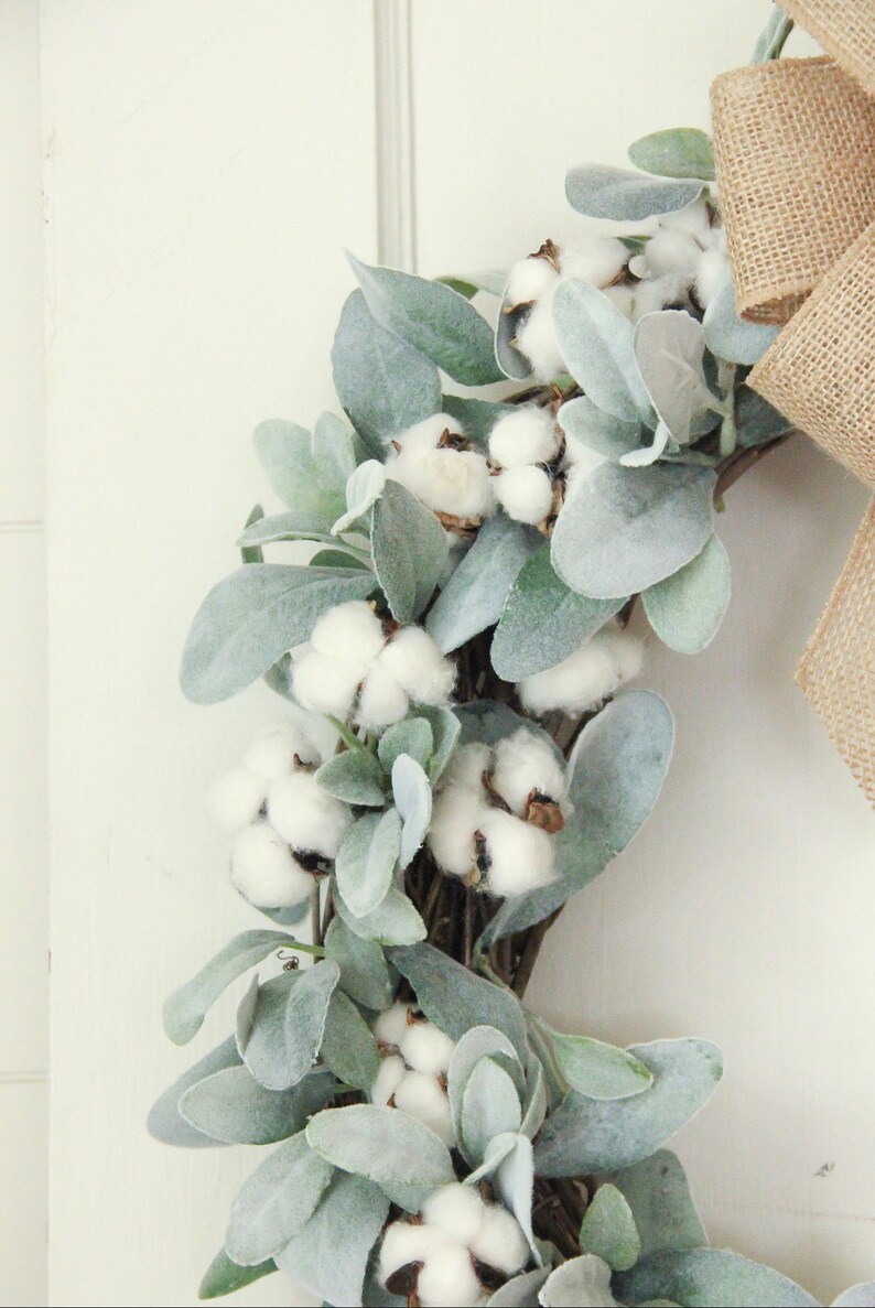 Cotton Wreath, Lambs Ear Wreath, Farmhouse Wreath, Year Round Wreath ...