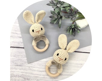 Crochet Bunny Rattle, Newborn Baby Gift, Wooden Baby Rattle, Gift for New Baby, Baby Sensory Toy, Natural Baby Gifts