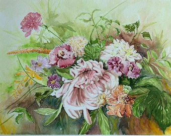 May include: Watercolour painting of a bouquet of pink, white and orange flowers with green leaves. The flowers are arranged in a loose, natural style.