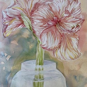 May include: A watercolor painting of a pink and white amaryllis flower in a clear glass vase. The background is a soft watercolor wash of green, blue, and pink.