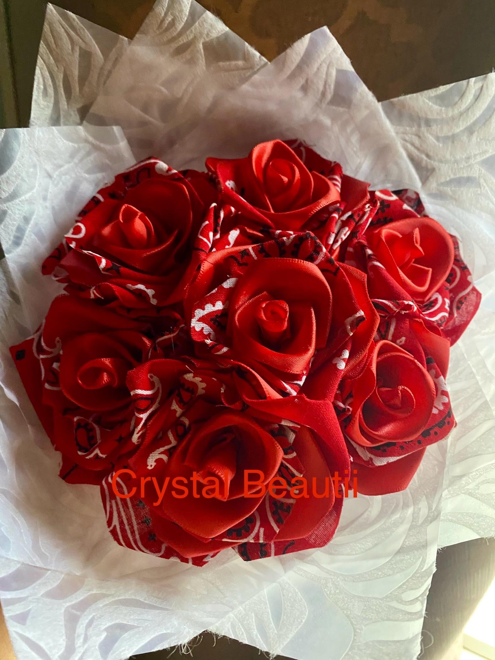 Red Bandana Ribbon Rose Bouquet, 7 Rose Bouquet, Valentines Day Red Bandana Ribbon Rose Bouquet, 7 Rose Bouquet, Valentines Day