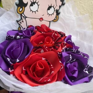 Betty Boop, Bandana, Ribbon Rose Bouquet, 7 Rose Bouquet, Purple and Red Bouquet, Perfect gift, Flowers