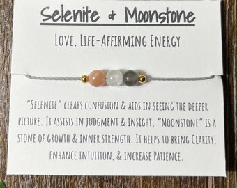 Selenite and Moonstone adjustable bracelet, selenite and moonstone love and life-affirming energy bracelet, holistic jewelry, summer