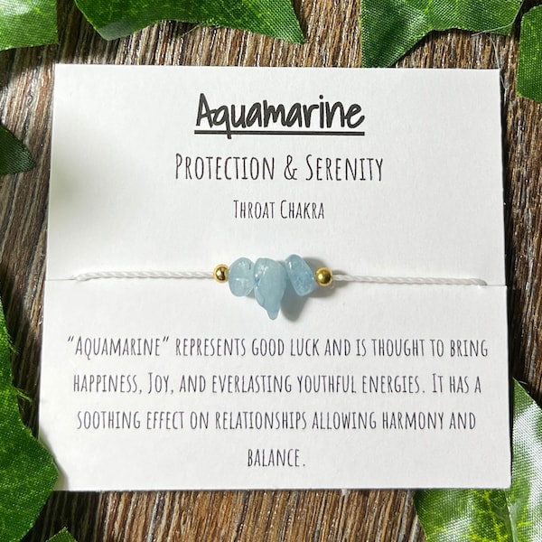 Aquamarine chip adjustable bracelet, aquamarine protection and serenity bracelet, holistic jewelry, summer, crystals, throat chakra
