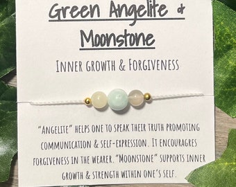 Green Angelite and Moonstone adjustable bracelet, green angelite and moonstone inner growth and forgiveness bracelet, holidays, crystal