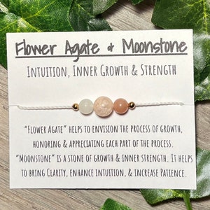 Flower Agate and Moonstone adjustable bracelet, flower agate and moonstone intuition, inner growth and strength bracelet, holistic jewelry