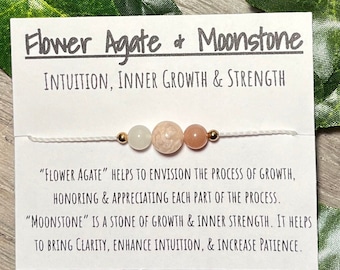 Flower Agate & Moonstone Bracelet: Adjustable Holistic Jewelry
