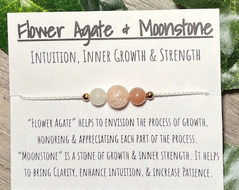 Flower Agate and Moonstone adjustable bracelet, flower agate and moonstone intuition, inner growth and strength bracelet, holistic jewelry