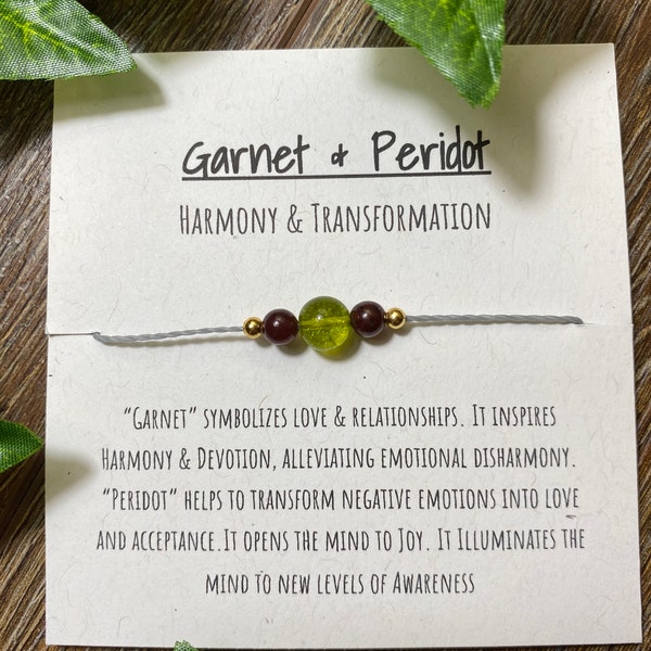 Garnet and Peridot adjustable bracelet, garnet and peridot harmony and transformation bracelet, harmony bracelet, transformation bracelet