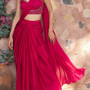 Hot Pink Pleated Lehenga Saree: Indian Bridesmaid Outfit