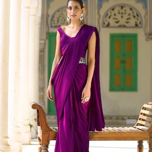 Wisteria Purple pre-stitched pre-pleated saree ready to wear indian sari eggplant color outfit indian reception cocktail wedding prom dress