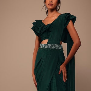 Bottle Green Organza Saree With Fancy Blouse And Belt and this Pre-stitched Saree Wear On Wedding, Cocktail Party, Reception, and engagement