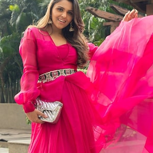 hot pink women indo western dress reception cocktail party ready to wear indian attire engagement  prewedding function dress plus size dress