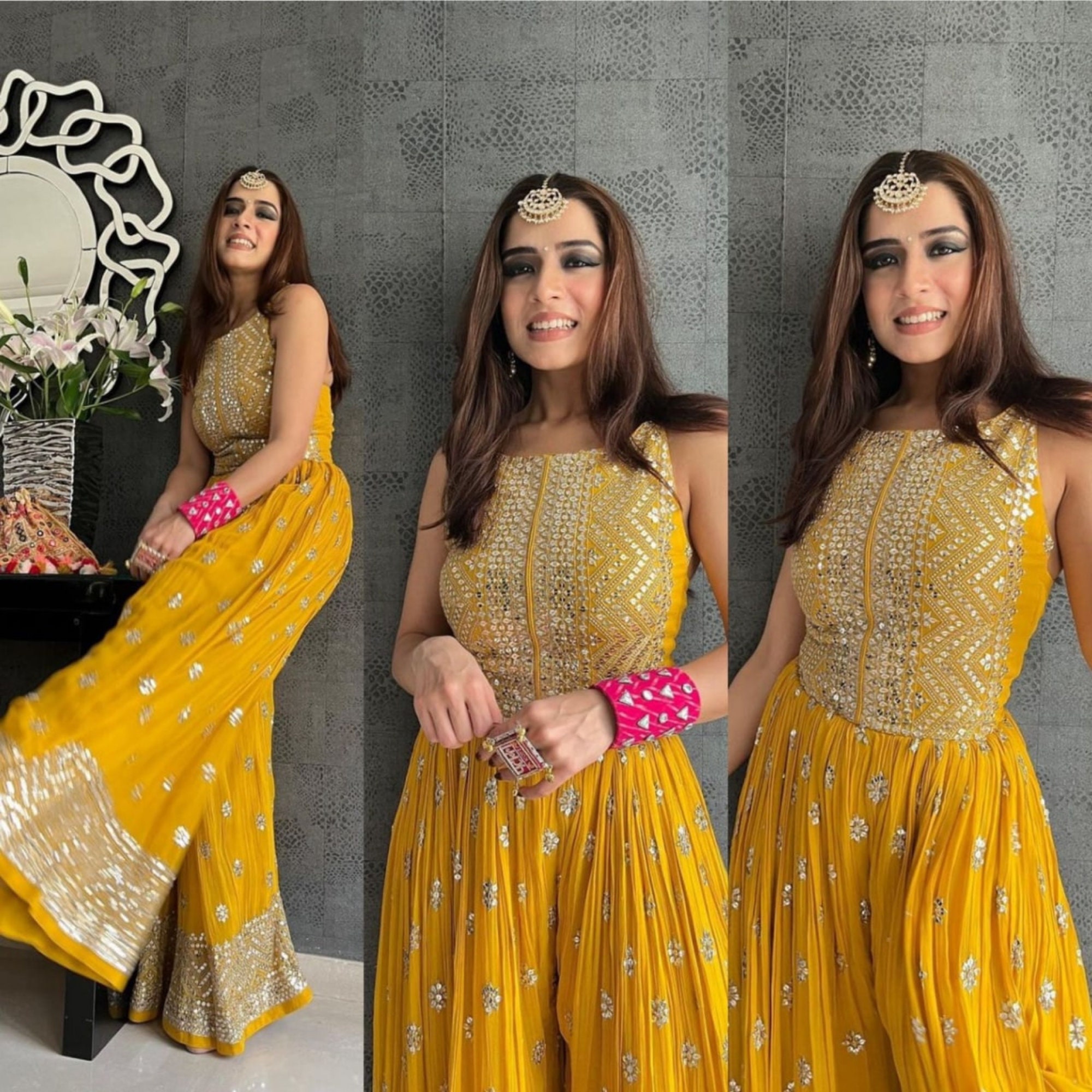 Yellow Cotton Jacquard Indo Western Suit 271586