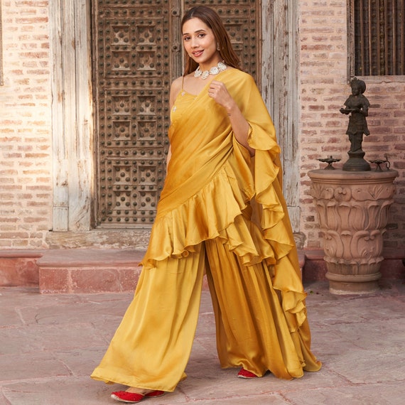 Yellow Haldi Sharara Saree Ready to Wear Stitched Saree Indo Fusion Dress  for Women Bridesmaid Cocktail Sangeet Indian Pakistani Outfit -  Hong  Kong