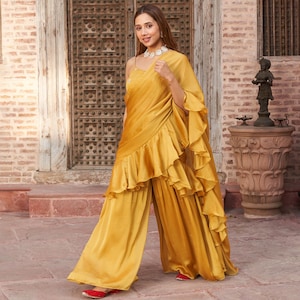 yellow haldi sharara saree ready to wear stitched saree indo fusion dress for women bridesmaid cocktail sangeet Indian Pakistani outfit