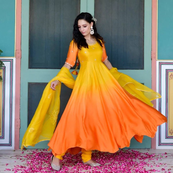 Sunset two shade yellow orange haldi mehendi silk maxi gown with dupata ready to wear indian Pakistani wedding ceremony bridesmaid outfit.