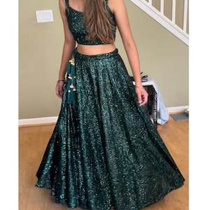 Green sparkly party dress Bollywood style wedding reception mehendi cocktail party bridesmaids lehenga ready to wear custom made 2measure