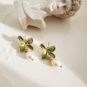 Cloisonne Flower Earrings, 14K Gold Plated Freshwater Pearl Earrings, Coloured Glaze Earrings, Dangle Drop Earrings