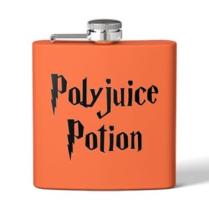May include: A bright orange rectangular metal flask with a silver screw-top cap. The front features the black text Polyjuice Potion in a stylised font, with the letter P in both words designed to resemble a lightning bolt shape on the left side.