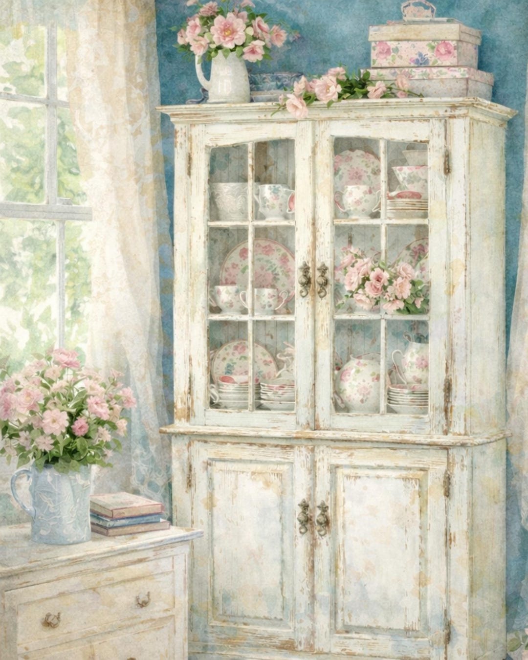 Shabby Chic China Cabinet Watercolor Print | Cottagecore Kitchen Art ...
