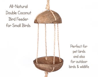 Alimentador de pássaros de coco duplo totalmente natural para pássaros pequenos, periquitos, canários, papagaios pequenos