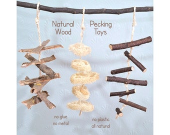 Natural Hanging Pecking Toys for Budgies Canaries Parrots Parakeets Cockatoos Cockatiels Pet Birds - Natural Loofah, Willow, Silver Birch