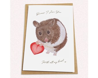 Puede incluir: Una tarjeta blanca con un hámster marrón sosteniendo un corazón rojo. La tarjeta dice "Because I Love You" y "With all my heart".