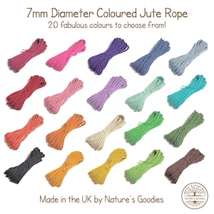 20 Colours of 7mm Thick Jute Rope for Arts Crafts Home Décor DIY Cream Yellow Green Blue Purple Lilac Pink Red Orange Brown Black Hemp Cord