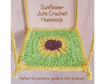 Hamaca de ganchillo de yute con flor de girasol, cama de juguete para romper el aburrimiento para conejillos de indias pequeños, jerbos, hámsteres, ratones, mascotas pequeñas