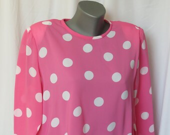 Vintage Pink Polka Dot Chiffon Top, 1970s Gayle Evans Ladies Blouse, Size L