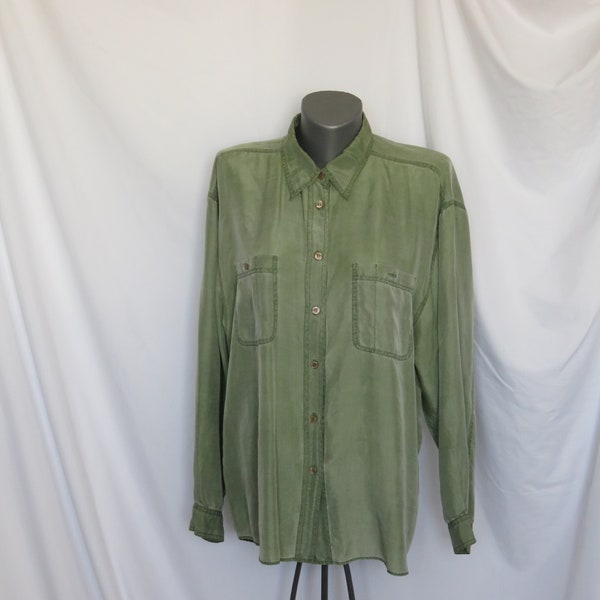 Vintage Silk Boyfriend Shirt | 1980s | Olive | Button Front | Long Sleeve | Ladies Size L