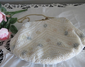 1960s Walborg Evening Bag , Ivory & Blue Beaded Floral Design, Made in West Germany, Retro Glam