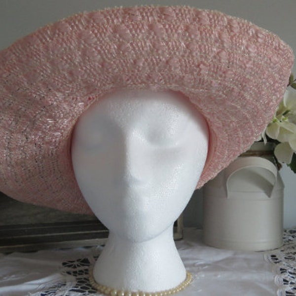 Vintage Ellen Faith | Ladies Sun Hat | Blush Pink Straw and Chiffon | Rosette Style | 1960s | Spring Fashion Style Hat | Lightweight