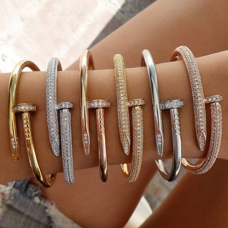 18k Gold Screw Bangle Cubic Zirconia Bangle Nail Bracelet Etsy