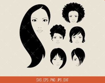 Visages de femmes et coiffures dans un fichier SVG noir et blanc, EPS, PNG, contour vectoriel tout usage, vinyle découpé, conception de chemise, tasses, gobelets
